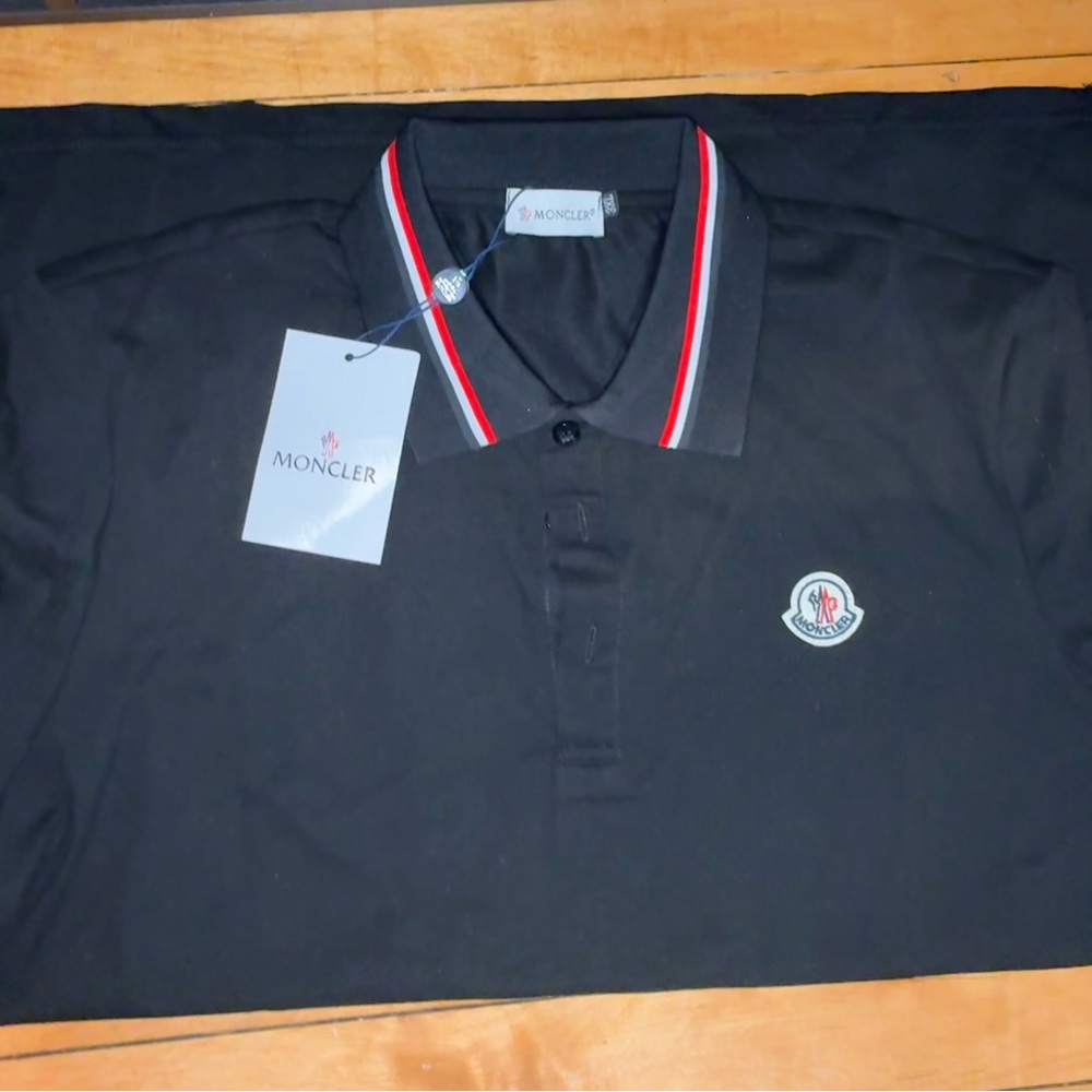 Moncler Black Polo with Red and White Accents